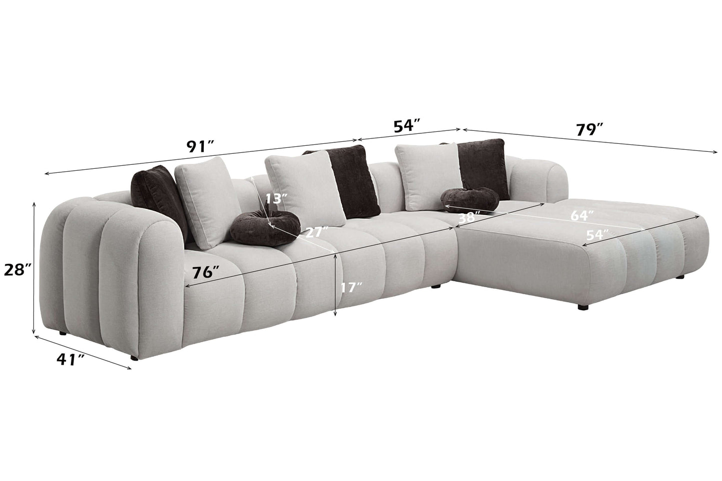 White sectional sofa dimensions showing 145-inch oversized modern chaise couch with 8 pillows for comfort.