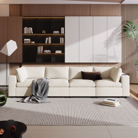 Coburn Beige Polyester Modular Sofa – 134" 4-Seat Sofa with USB & Bluetooth