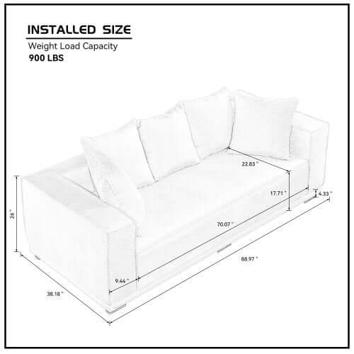 MCM Box Arm Corduroy Upholstered Sofa 89" in white with plush pillows, showcasing mid-century design and cozy comfort.