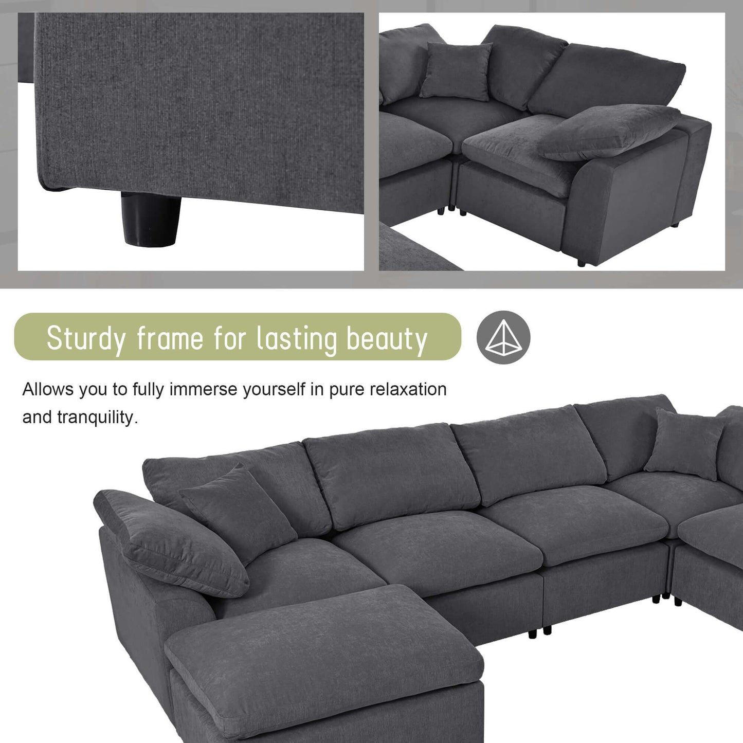 Modern Low Profile Modular U-Shaped Sectional Sofa with Ottoman in Gray or Beige 129" - Revel Sofa