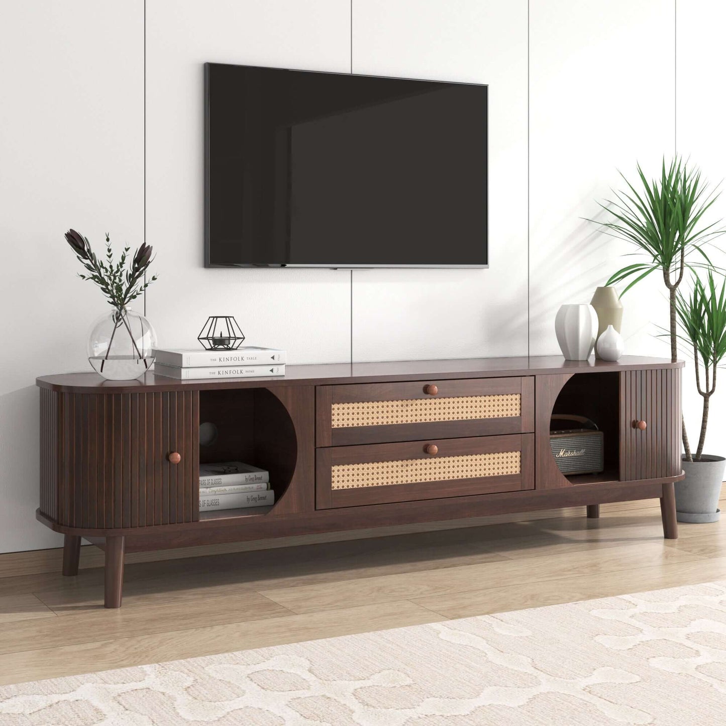 MCM Styled TV Stand Entertainment Center Solid Wood & MDF, Brown 67" - Revel Sofa