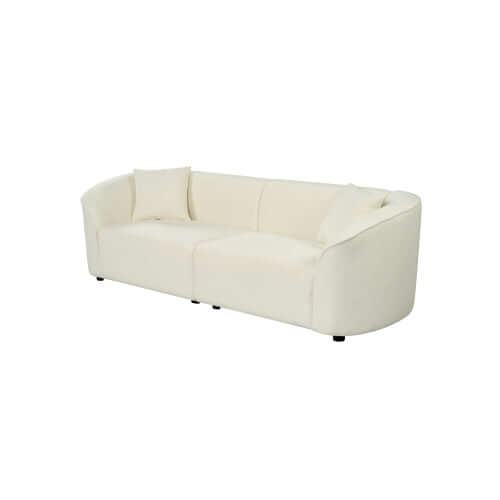 Contemporary Sloped Arm Boucle Upholstered Sofa in cream, featuring sculptural curved design and plush comfort.
