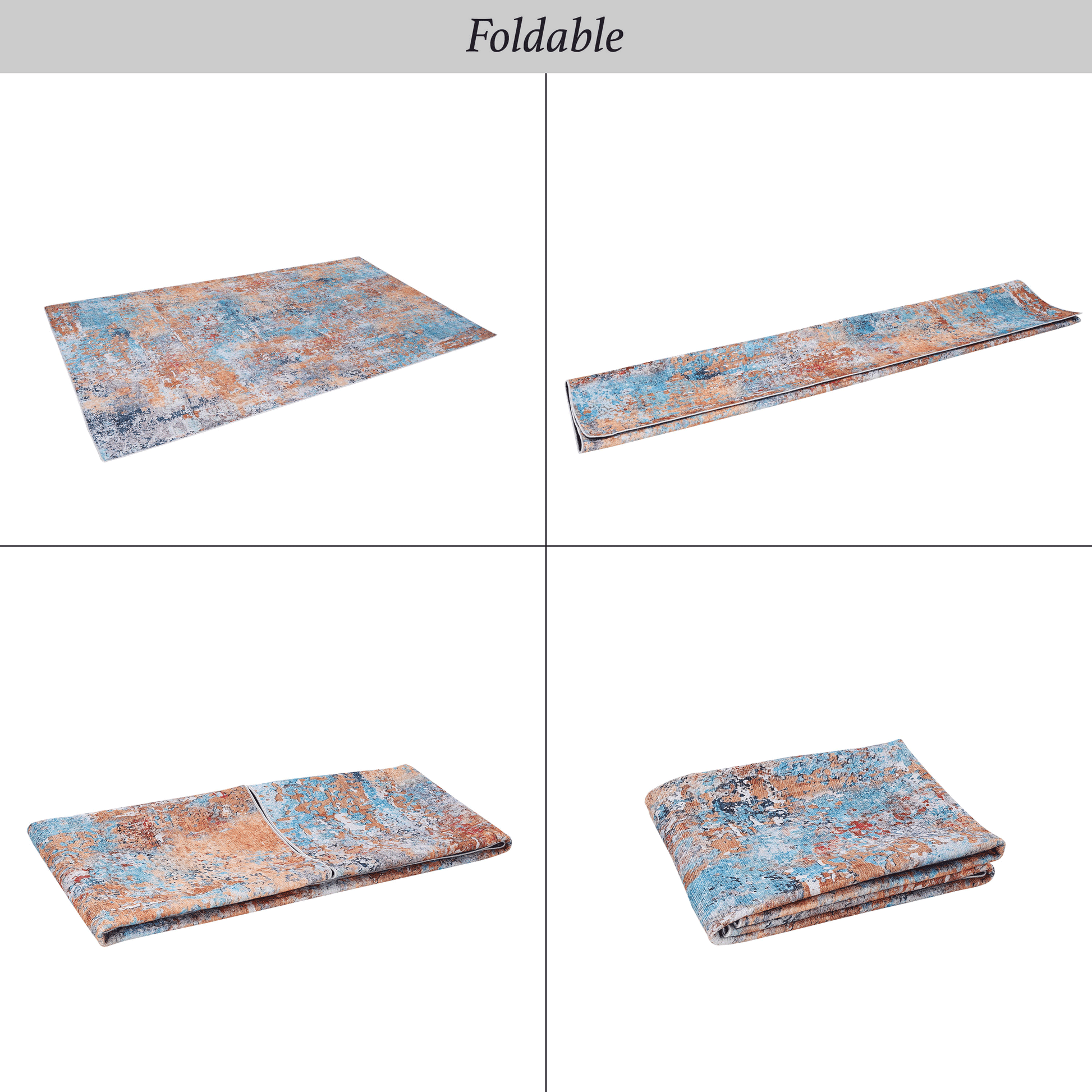 Foldable multi-colored abstract washable area accent rug showcasing vibrant patterns and easy storage options.