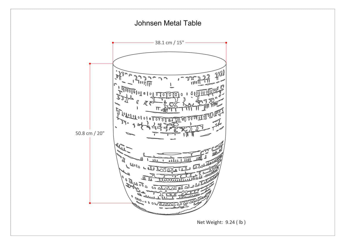 Engraved Antique Copper Round Accent End Table 15W dimensions and details illustration.