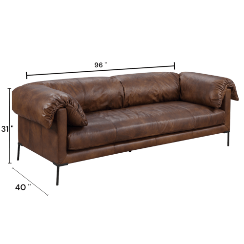 Chocolate Top Grain Leather Sofa 96" β Modern Mocha Leather Couch with dimensions 96" x 31" x 40" in rich mocha color.