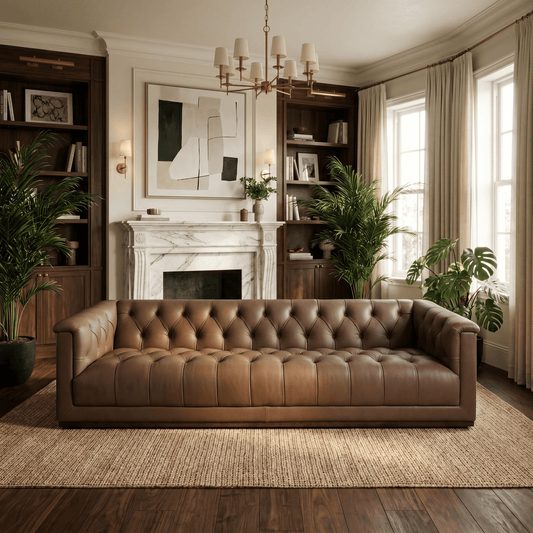 83.5" Cool Brown Top Grain Leather Sofa | Modern Rectilinear 3-Seater Sofa in a stylish living room setting.