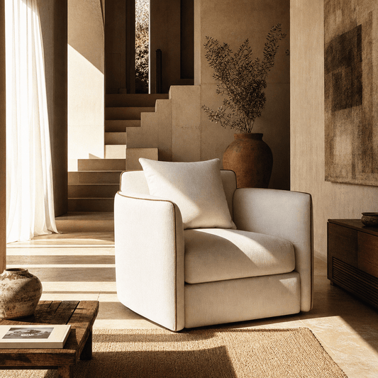 Yolanda Beige Chenille Chair w/Pillow in a cozy and contemporary living room setting.