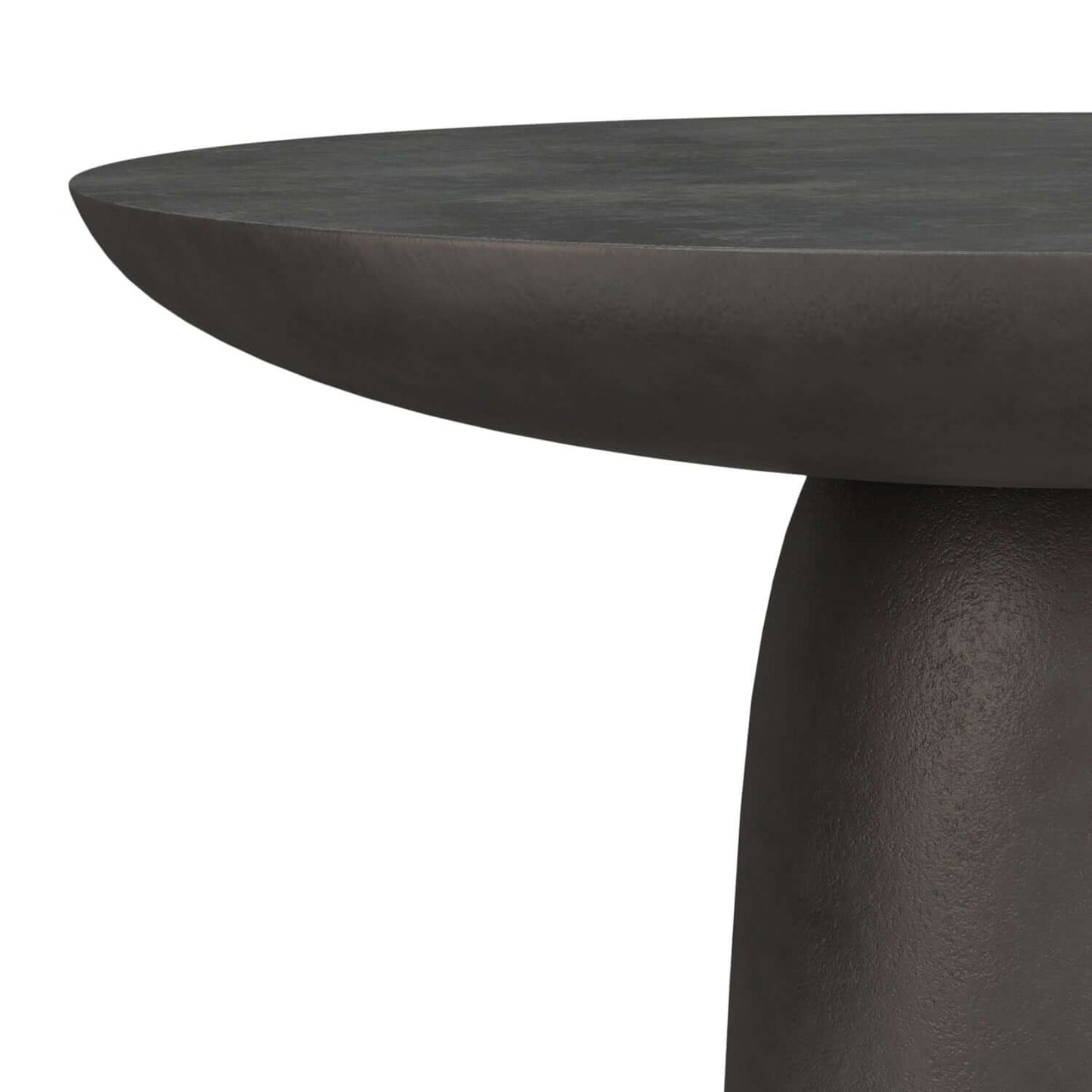 Sleek black cast aluminum coffee table with round top and sturdy pedestal base, ideal for modern living spaces.