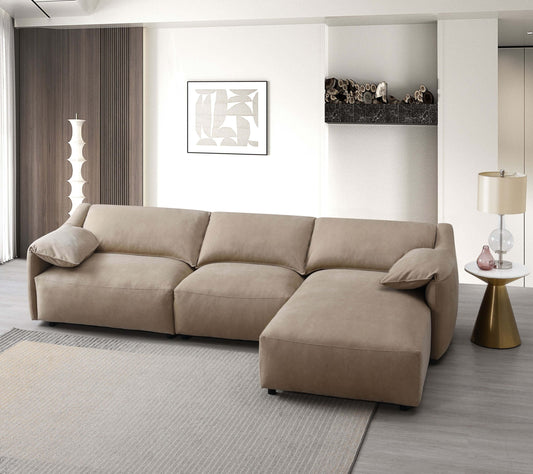 Light Brown Suede Sectional Sofa with Chaise in modern living room setting, showcasing comfort and spacious design.