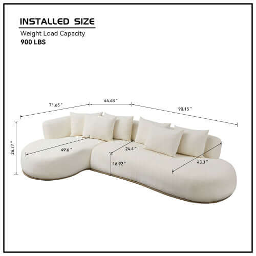 Dimensions and weight capacity of a modern rounded L-shaped chaise sofa sectional with plush cushions.