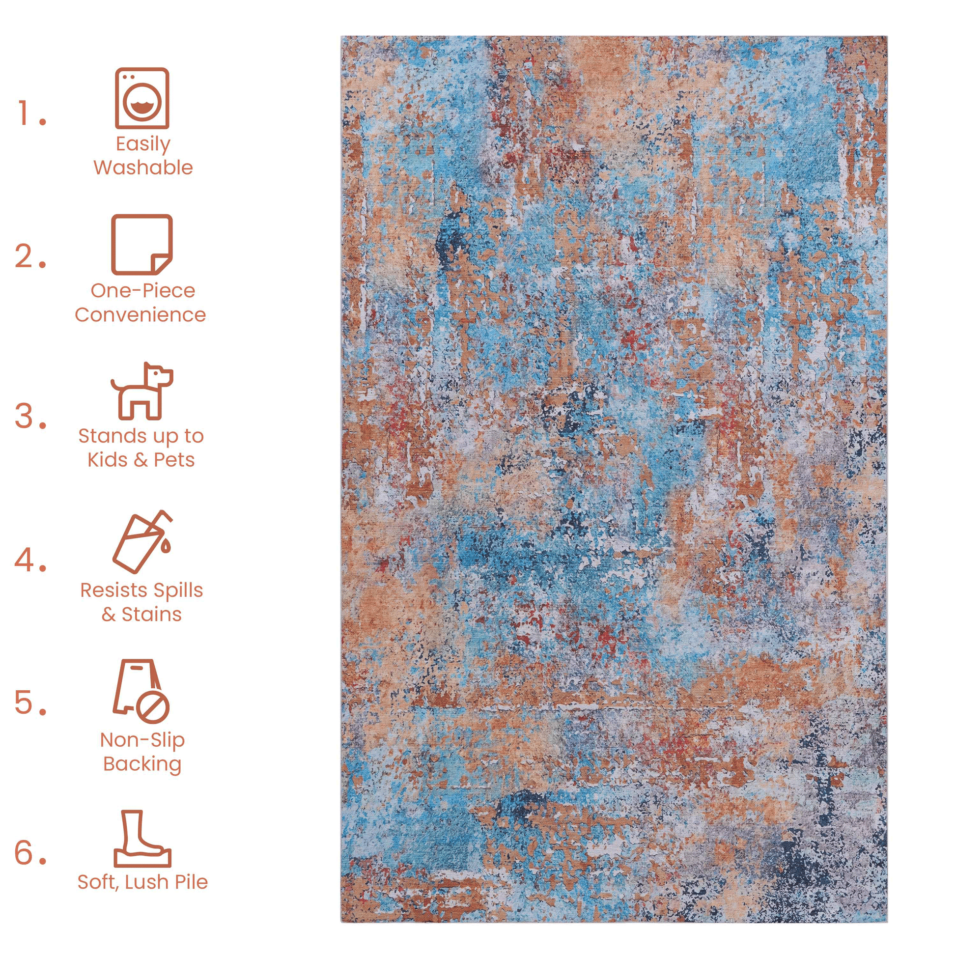 Multi-colored abstract washable area rug with easy care features and vibrant patterns, ideal for homes with kids and pets.