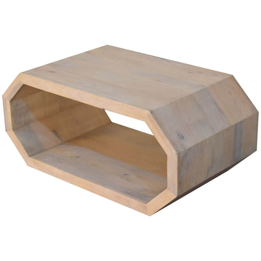 Solid wood hexagonal coffee table with open-frame design, showcasing modern geometric style.