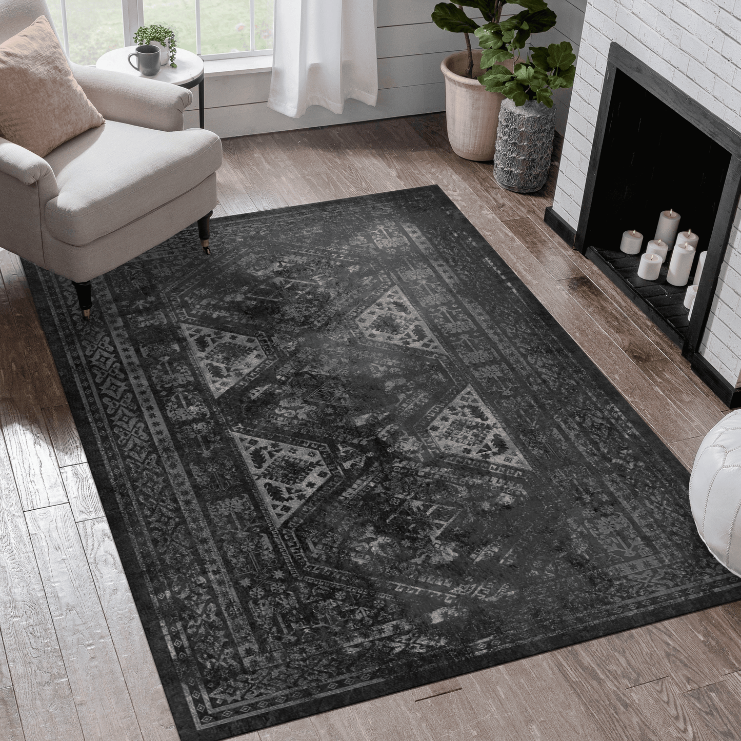 Black & Gray Washable Rectangular Area Rug (Various Sizes)