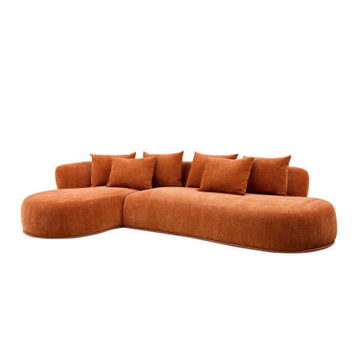 Rounded L-shaped chaise sofa sectional in orange upholstery, featuring plush cushions and a cozy design.