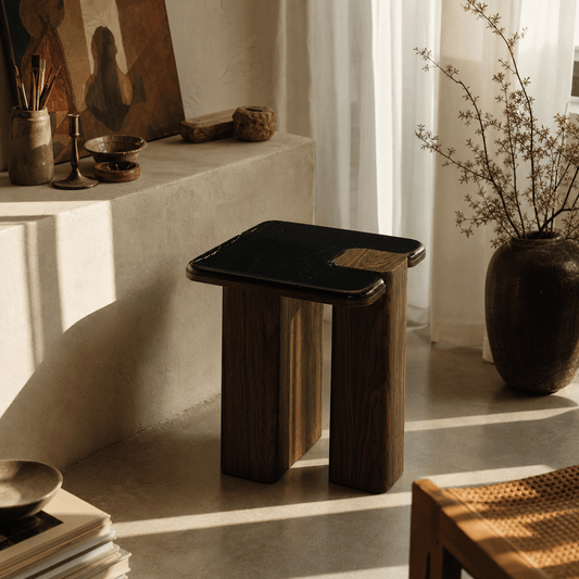 Dana Natural Marble Top & Dark Walnut End Table w/Natural Marble in a stylish living room setting.