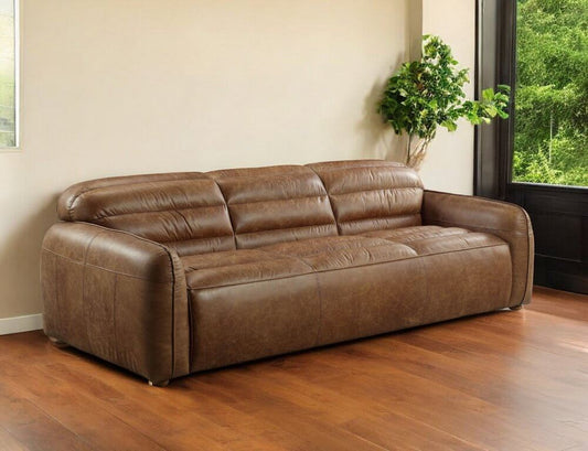 Dark Brown Top Grain Leather Sofa with Black Legs | 95" Contemporary Leather Couch in a stylish living room setting.