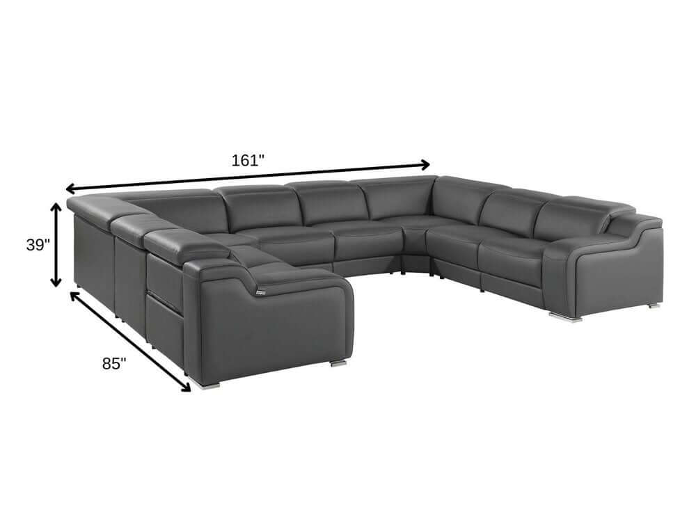 Dark Gray Italian Leather Power Reclining U Shaped Eight Piece Corner Sectional With Console dimensions and design view.