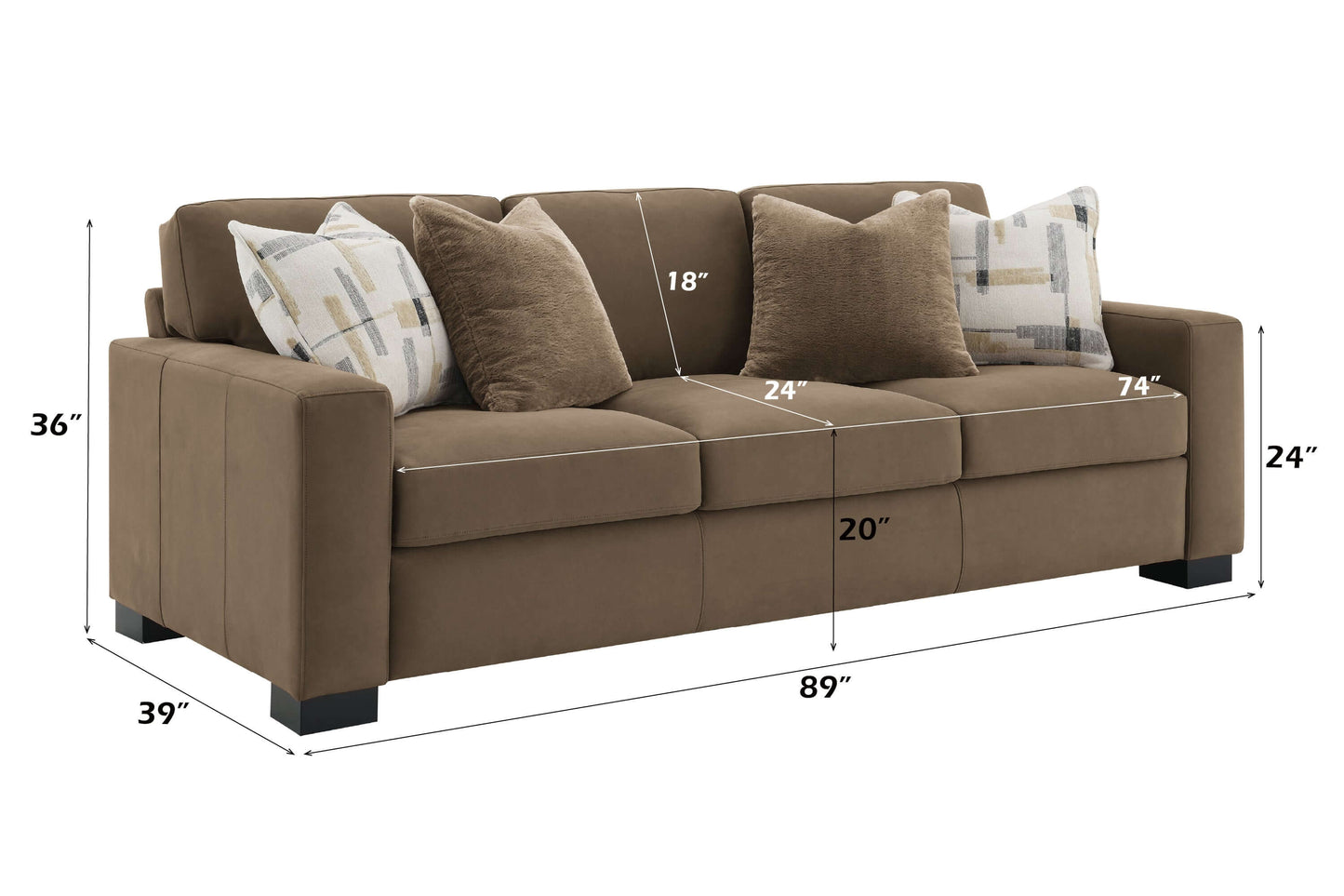 Darya Brown Suede Fabric Sofa w/4 Pillows 89" dimensions with plush cushions and stylish design in rich brown.