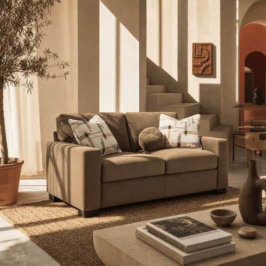 Darya Brown Suede Fabric Loveseat Sofa w/3 Pillows 69" in a stylish living room setting.