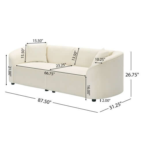 Dimensions of a contemporary sloped arm bouclé upholstered sofa in white, showcasing a curved design and comfort features.