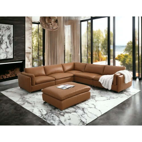 Brighton Leather 5 Piece Modular Corner Sofa Sectional 142' in a modern living room setting with a marble rug.