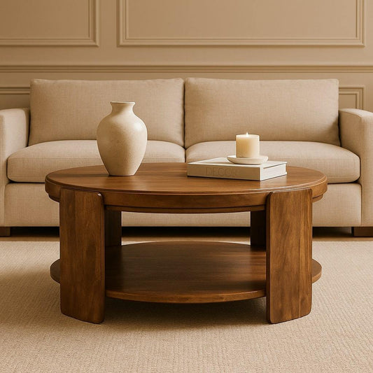 Savoy Mango Wood Round Coffee Table – 33.46" Roasted Almond Open Storage Table