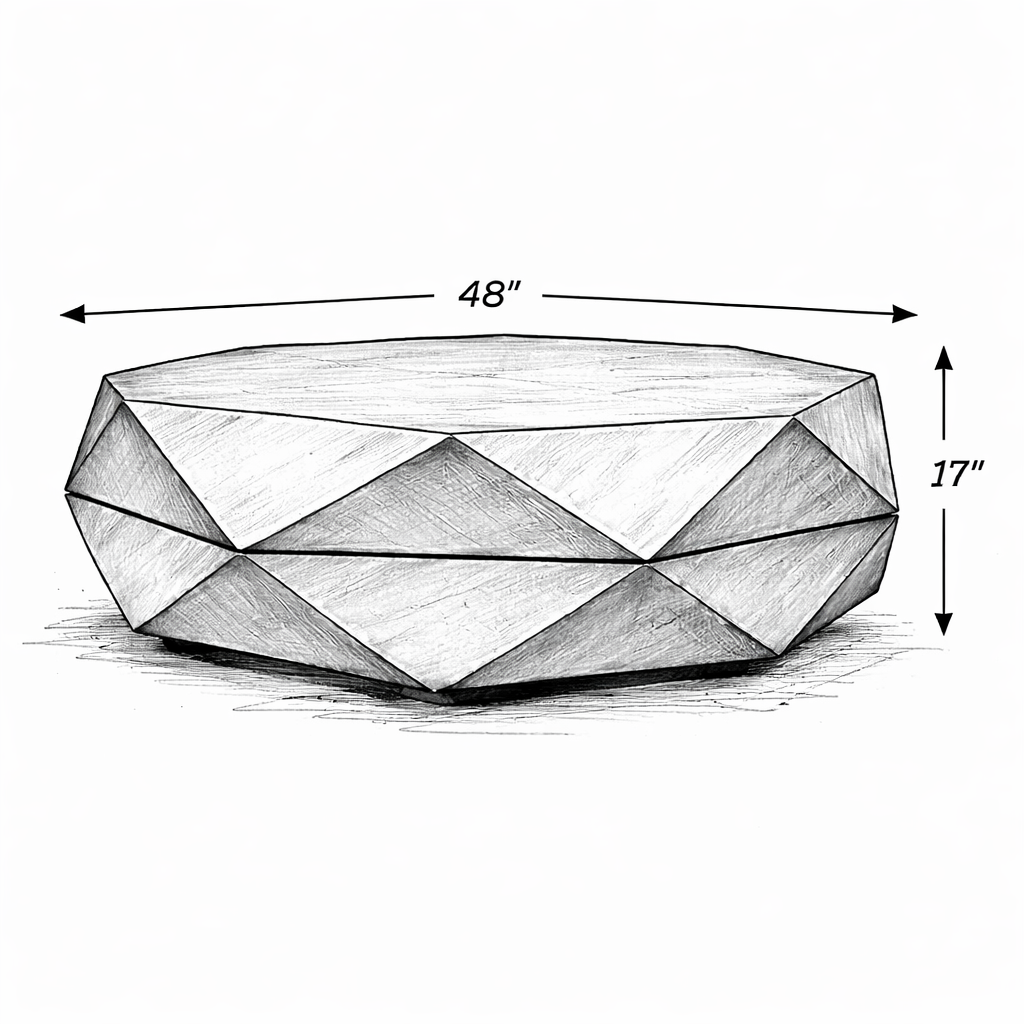 Diamond Shape Solid Wood Lift-Top Coffee Table in Matte Brown 48" with dimensions 48" x 17" illustrated design.