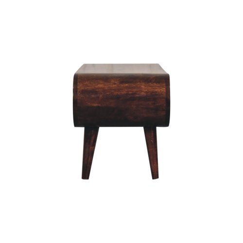 The Amaya Mango Wood Coffee Table 35 by Artisan Furniture, shown from the front, features solid mango wood in a dark brown finish with rounded edges, four tapered legs, and a minimalist Modern Nordic design inspired by mid-century style.