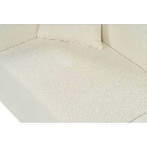 Close-up of the plush, cream bouclé upholstery on a contemporary sofa, highlighting its soft texture and comfort.