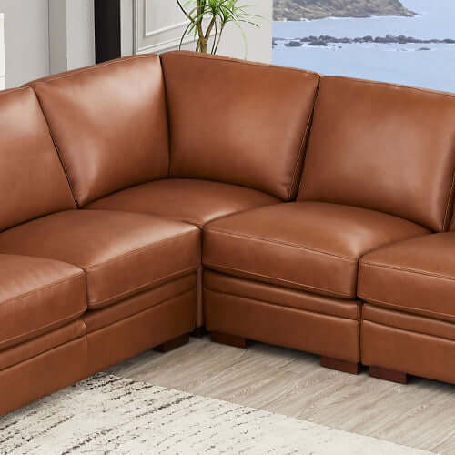 Dillon MCM Leather L-Shaped Corner Sofa Sectional in rich brown leather, showcasing modern design and comfort.