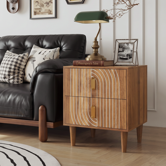Sedgwick Walnut 2-Drawer Nightstand – 18" Arched-Panel Bedside Table