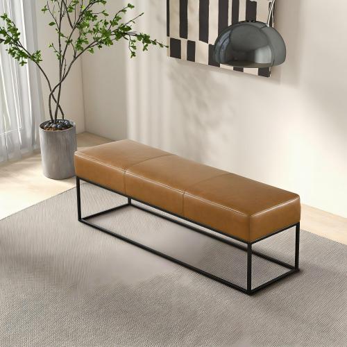 Odessa Genuine Leather Bench – 48” Modern Leather Bench with Metal Frame (Tan)