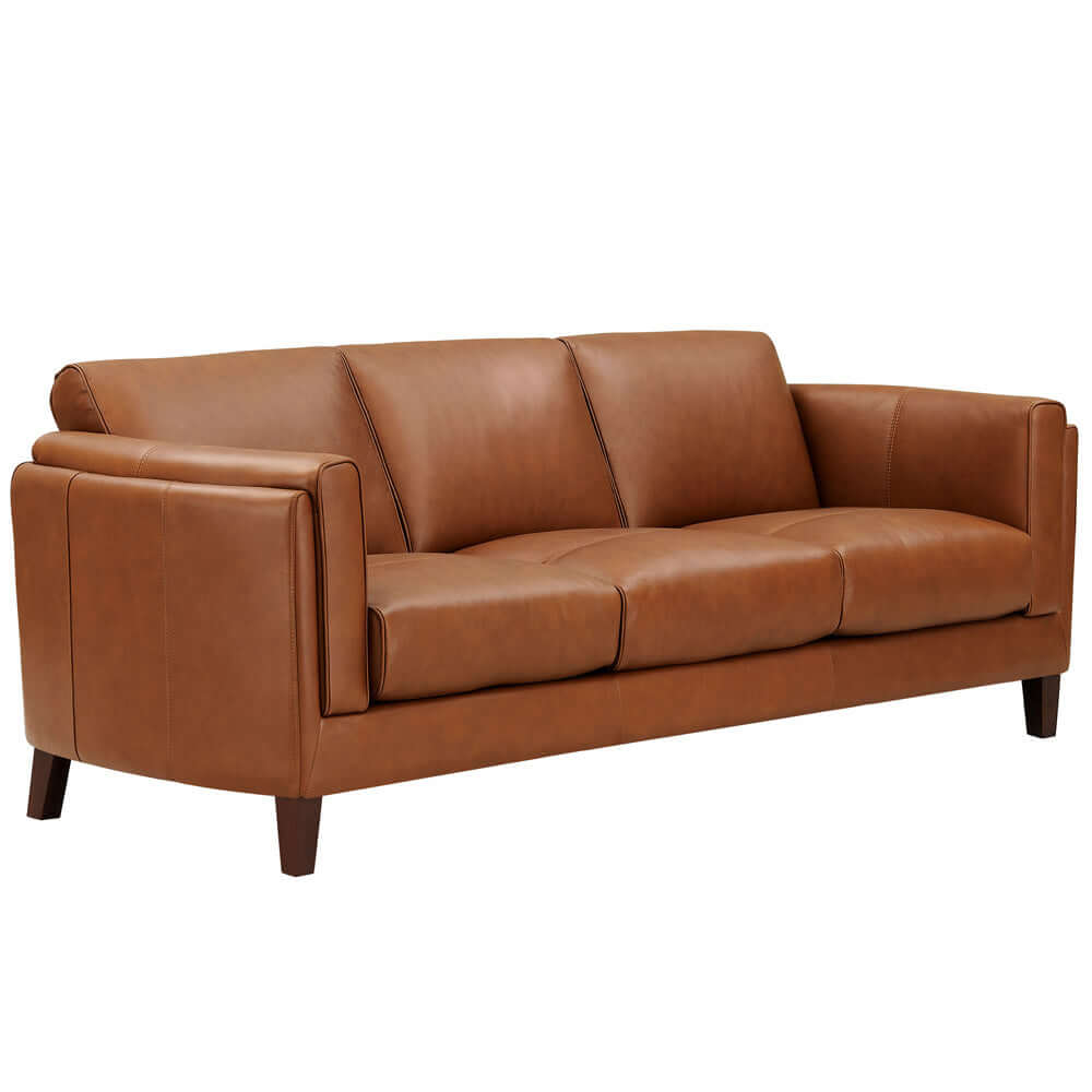 Maui MCM Top-Grain Leather Sofa 88' in brown, showcasing mid-century modern design and premium leather upholstery.