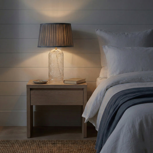 Luxora Gold & Clear Glass Table Lamp – 21" Pleated Grey Shade Bedside Lamp