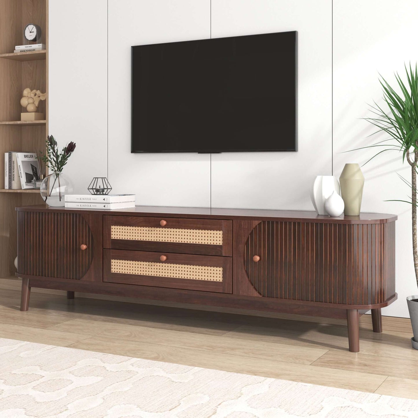 MCM Styled TV Stand Entertainment Center Solid Wood & MDF, Brown 67" - Revel Sofa