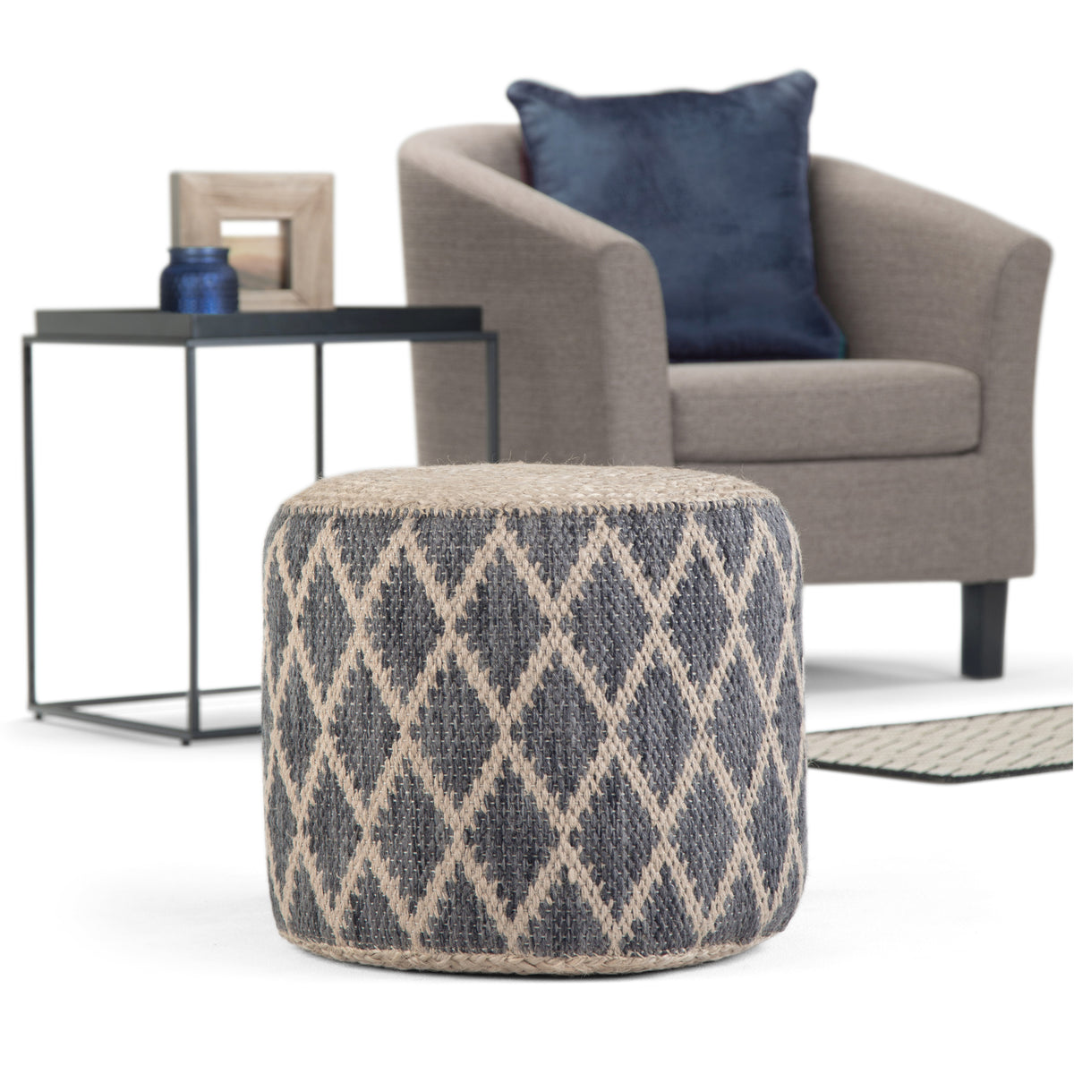 Edgeley 18 inch Wide Round Pouf in Grey and Natural Handwoven Jute and Cotton – view 9