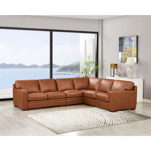 Dillon MCM Leather L-Shaped Corner Sofa Sectional 126" in a modern living room with a scenic view.