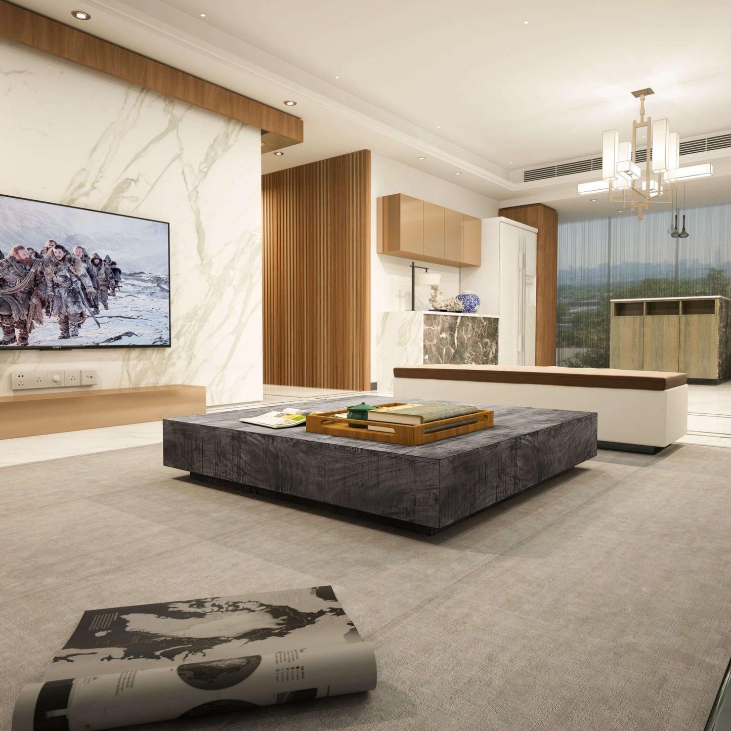 Charcoal Finish Solid Wood Low Profile Square Coffee Table 47" - Revel Sofa