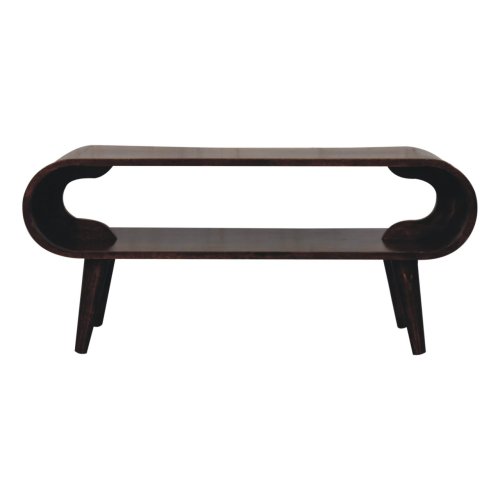 The Amaya Mango Wood Coffee Table 35 by Artisan Furniture offers a modern Nordic design with a dark finish, curved edges, open lower shelf, and four angled legs—crafted from solid mango wood for lasting style and durability. Available in 2 colors.
