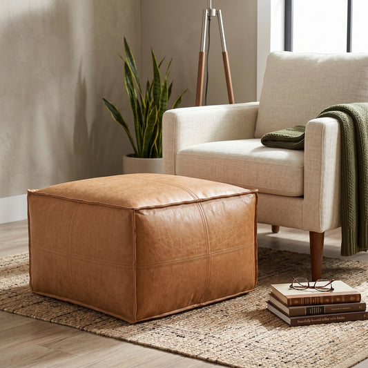 Brody Camel Faux Leather Pouf – 24" Pouf