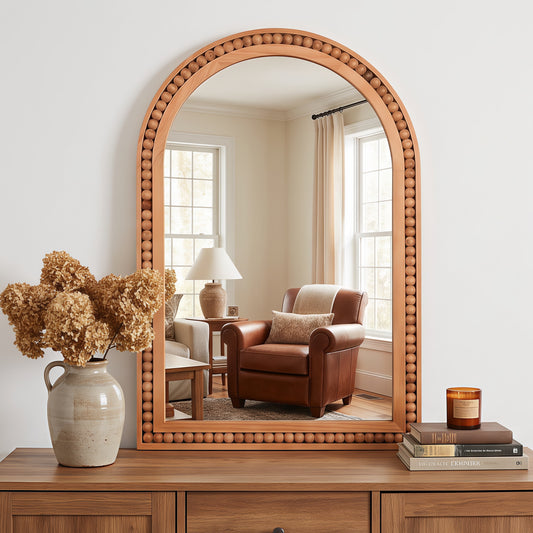 Yellowish Brown 20×30 Inch Arch Wall Mirror With Beaded Solid Wood Frame