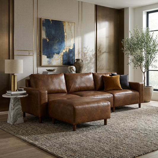 Fable PU Leather L-Shaped Sectional Sofa – 112" Brown Sofa with Convertible Ottoman – view 2