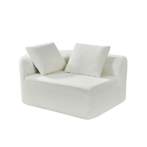 Modern Low Profile Modular Curved Foam Sofa 116' (4 Colors) in white fabric with two soft cushions.