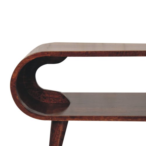 Close-up of the Artisan Furniture Amaya Mango Wood Coffee Table 35, showcasing its unique curved rolled-edge design and smooth, polished dark brown mango wood finish in modern Nordic style. Available in 2 colors.