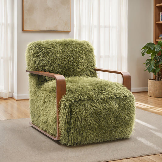 Auden Faux Fur Accent Chair – 28.3" Walnut-Tone Wood Arm Chair