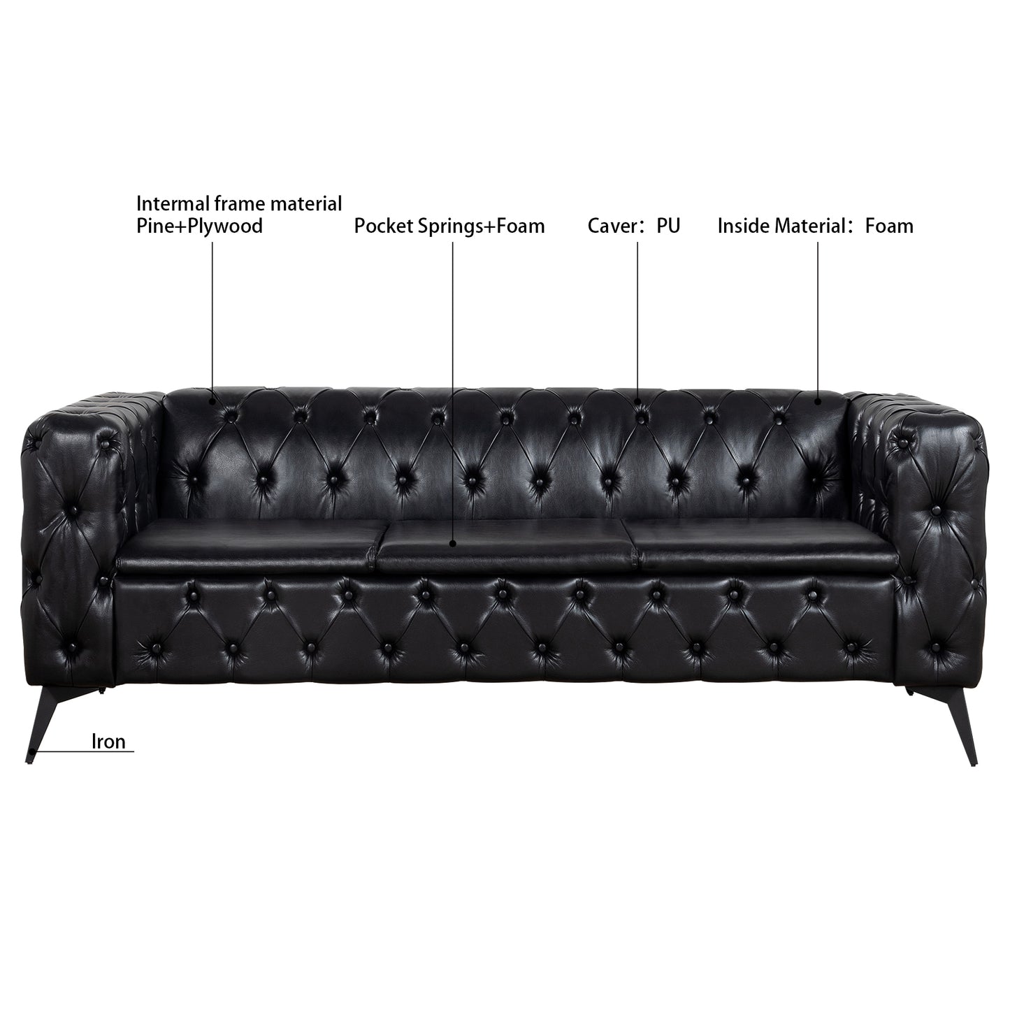 Styled Button-Tufted Square Arm Sofa, 3 Seater 84” - Revel Sofa