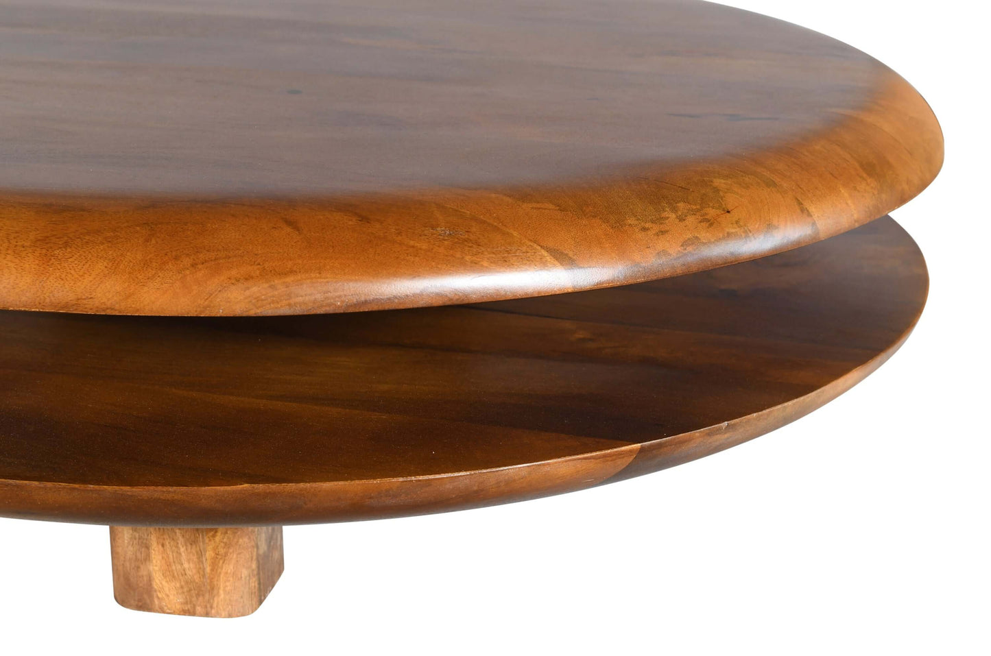 Floating Round Coffee Table features dark brown solid wood with a two-tiered design, showcasing a contemporary style.