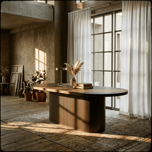 Gamarya Oak Finish Dining Table – 87” Oval Wood Dining Table in a bright modern interior setting.