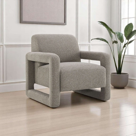 Glenda Gray Chenille Accent Chair in cozy gray fabric with minimalistic design and wooden frame, perfect for any interior.