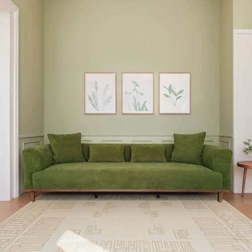 Richardson Velvet Sofa 103” - Scandinavian Modern 3-Seat Sofa with Wood Base in a green living room setting.